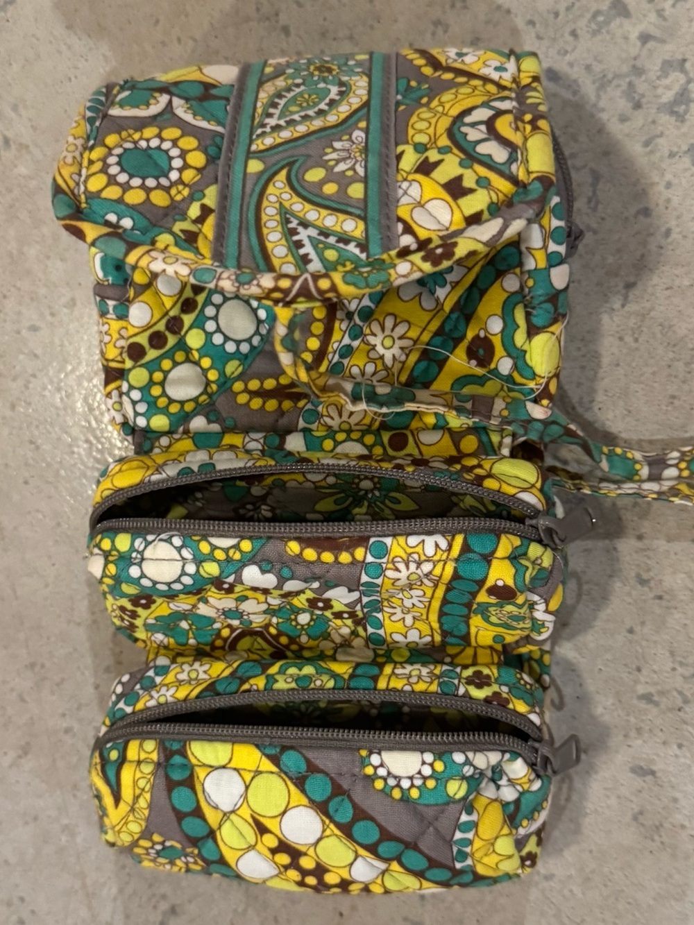 Vera Bradley Yellow Teal Gray Paisley Quilted Jewelry Roll Bag